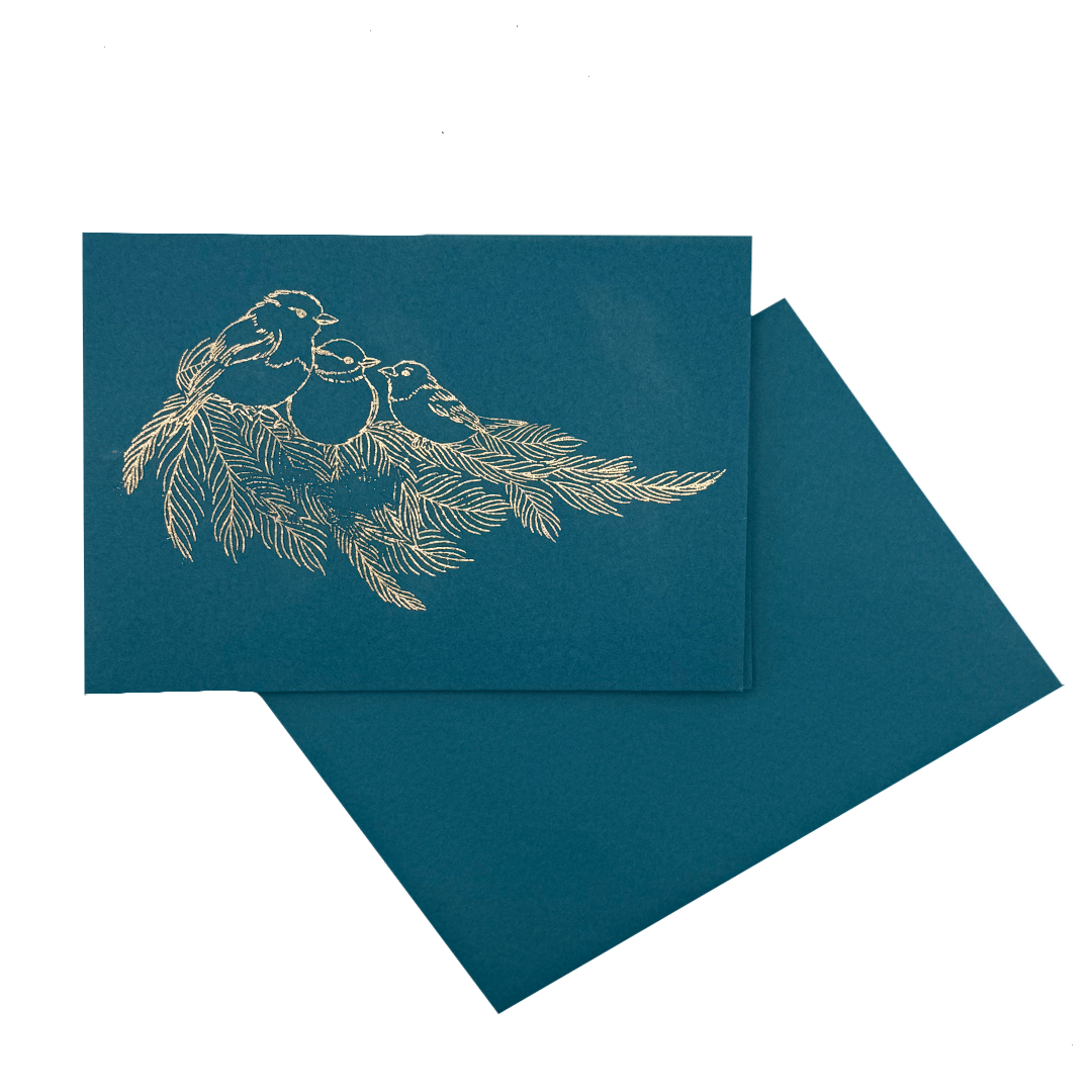 Holiday Greeting Card – Blue & Gold Birds on Pine Branch