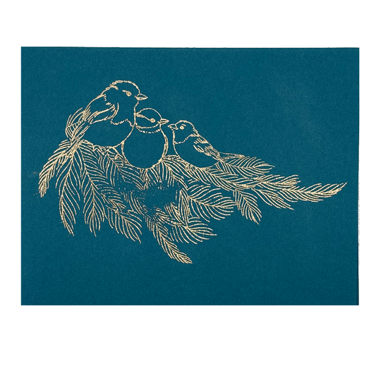 Holiday Greeting Card – Blue & Gold Birds on Pine Branch