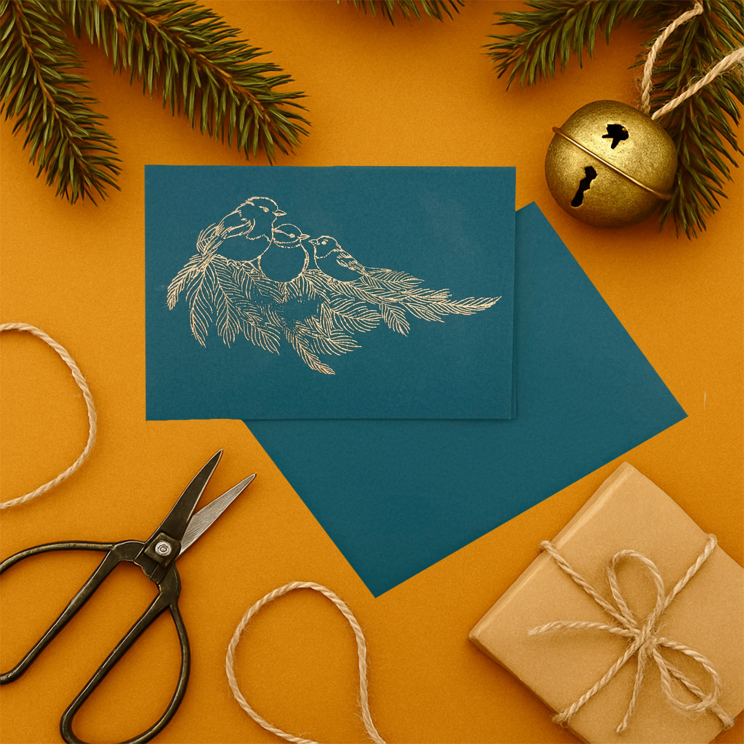 Holiday Greeting Card – Blue & Gold Birds on Pine Branch