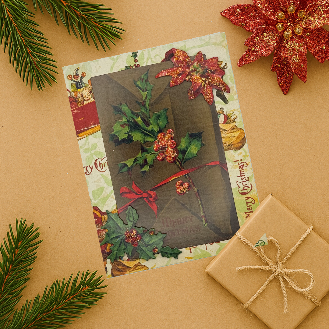 Vintage Holly &amp; Poinsettia Christmas Card – Handmade Holiday Greeting